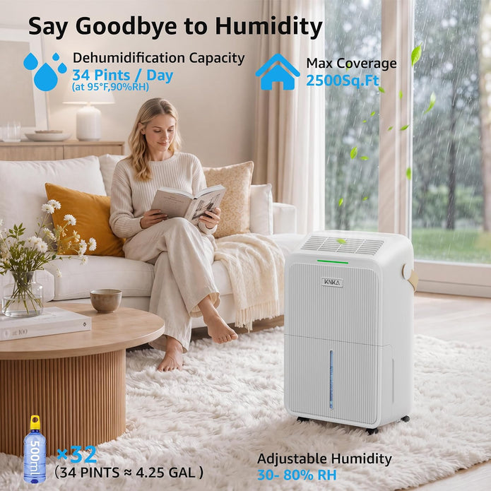 KNKA 2500 Ft² Max 34 Pints Dehumidifier for Basement with Drain Hose, White-PD22SC-12