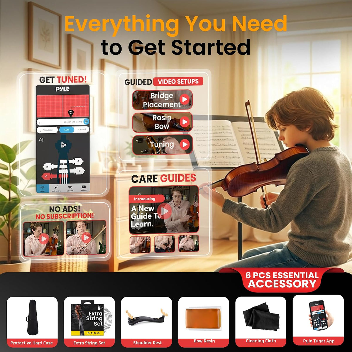 USED/LIKE NEW Pyle 1/2 Size Beginner Violin Starter Kit, Violin Starter Package with Travel Case & Bow, Extra Strings, Digital Tuner, Shoulder Rest & Cleaning Cloth