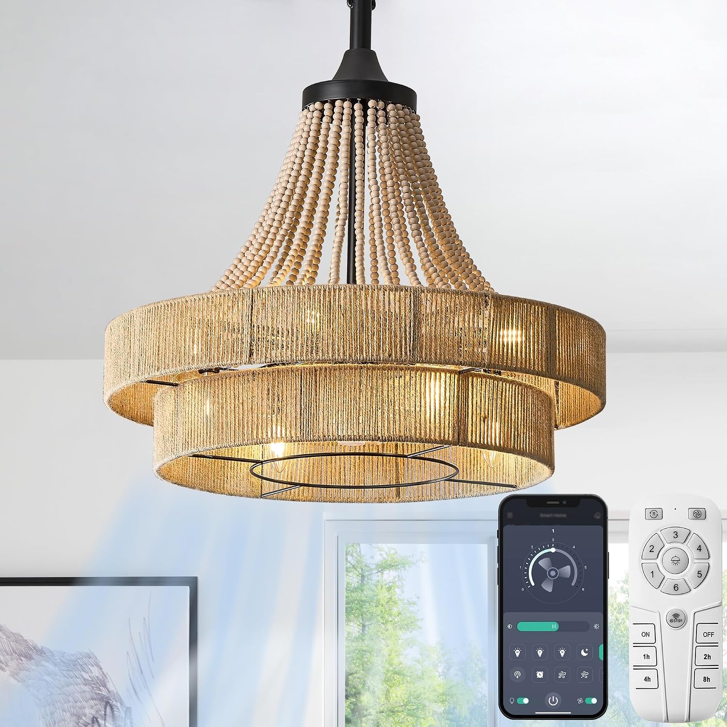 NEW/OPEN BOX HEMLDAN 20” Boho Ratten Chandelier Fan