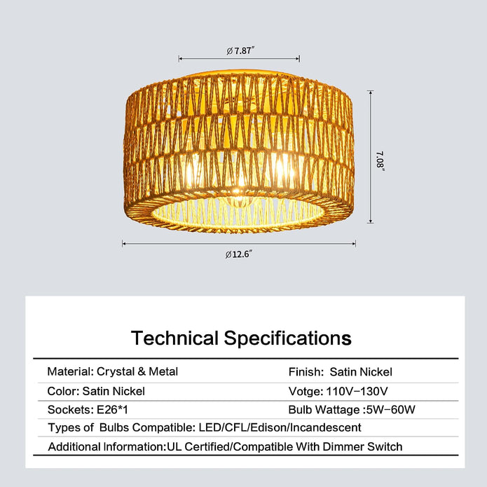 NEW/OPEN BOX 12'' Rattan Ceiling Light Fixture, 3 Light Bohemian Modern Woven gold  Ceiling Light