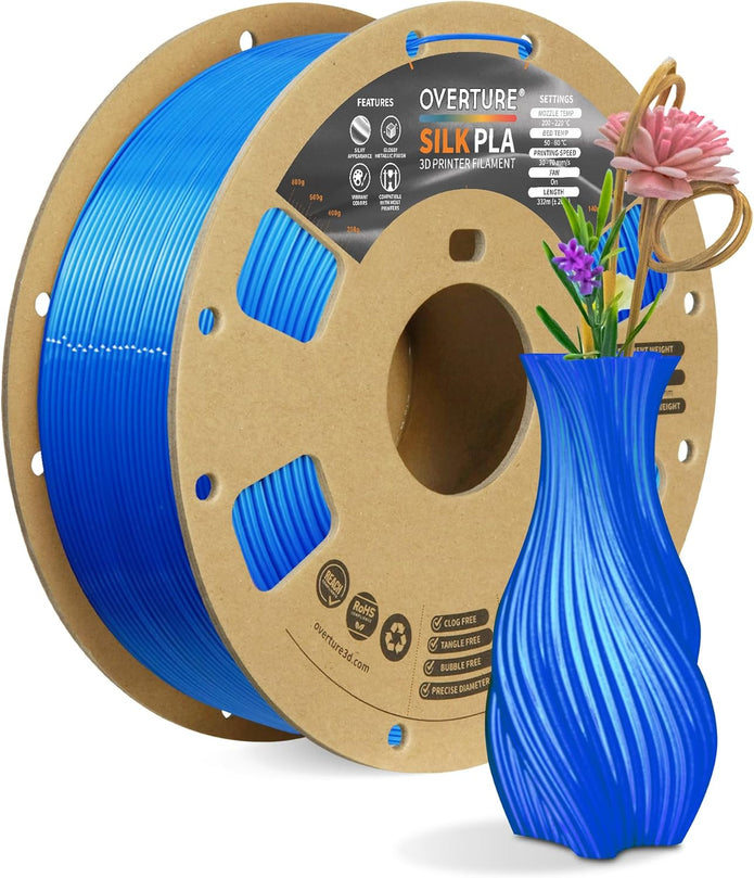 Case of 10 KG OVERTURE Silk PLA Filament 1.75mm, Metallic Shine 3D Printer Filament, 1kg Spool (2.2lbs)-Box of 10 -Silk Blue