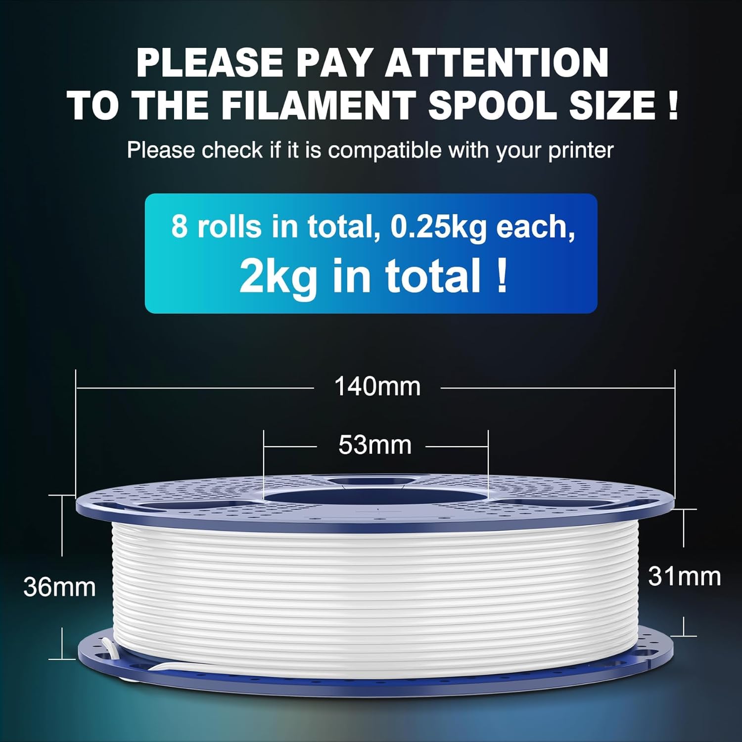 SUNLU PLA 3D Printer Filament Bundle Multicolor, PLA Filament 1.75mm, Individually Vacuum Packed, 2kg in Total, 0.25kg per Spool, 8 Pack, 8 Colors, Black+White+Grey+Red+Blue+Green+Yellow+Sunny Orange