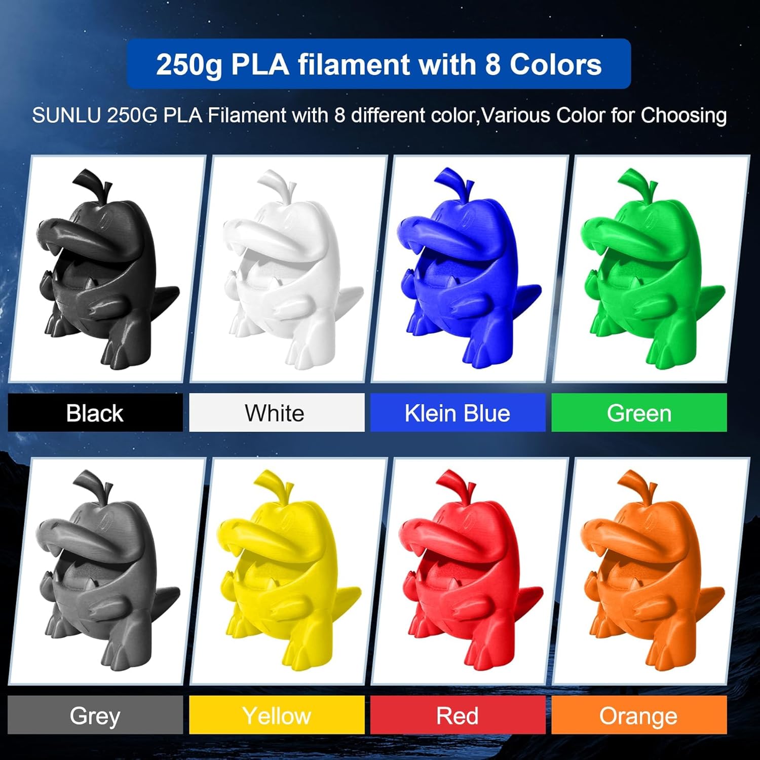 SUNLU PLA 3D Printer Filament Bundle Multicolor, PLA Filament 1.75mm, Individually Vacuum Packed, 2kg in Total, 0.25kg per Spool, 8 Pack, 8 Colors, Black+White+Grey+Red+Blue+Green+Yellow+Sunny Orange