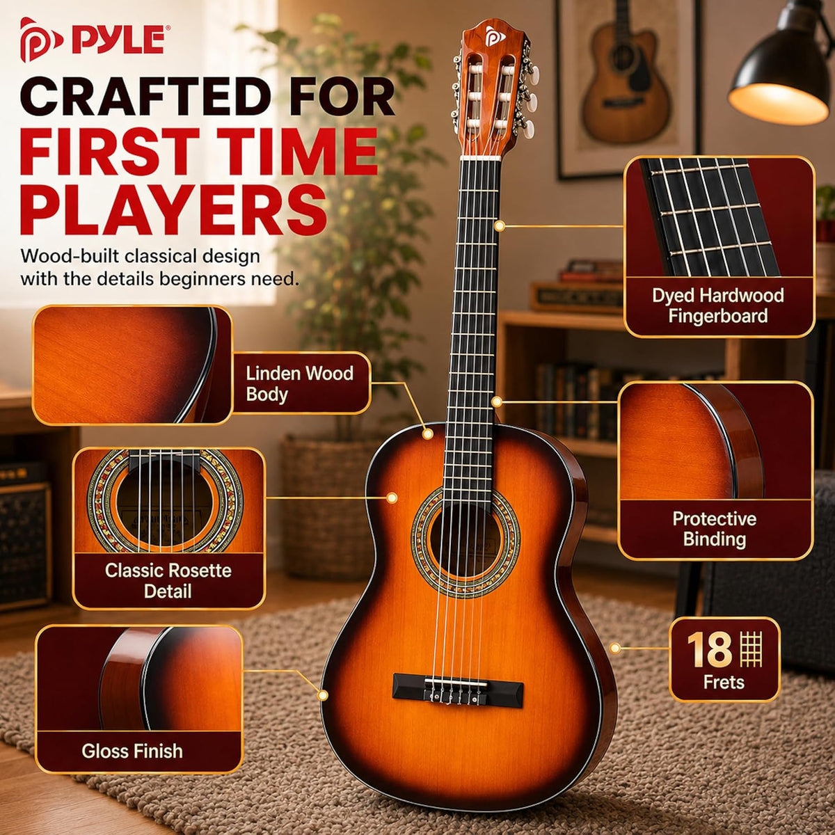 USED/LIKE NEW Pyle Beginner 36” Classical Acoustic Guitar - 3/4 Compact Size 6 String Linden Wood Guitar w/Gig Bag