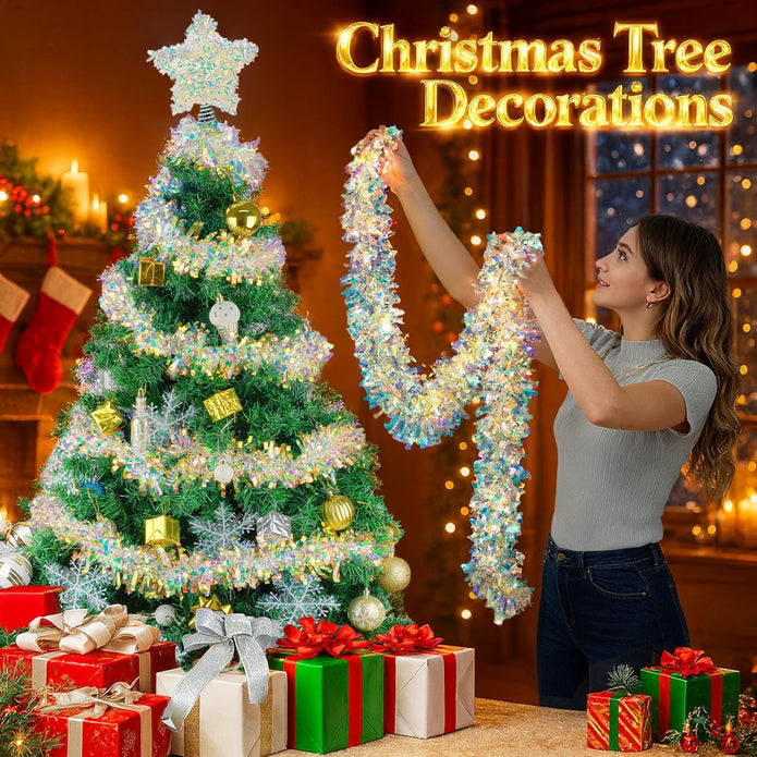 Christmas Garland with Lights, 2 Pack 6.5FT Iridescent Tinsel Garlands Battery Operated, Shiny Streamers Garland New Year Decorations