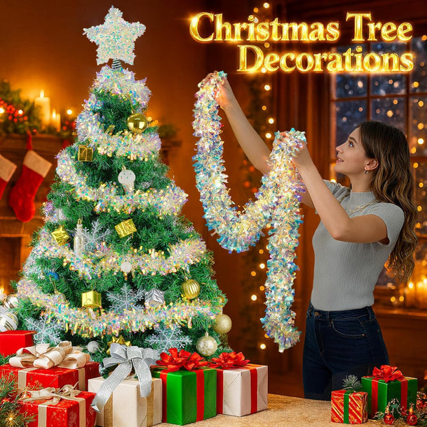 Christmas Garland with Lights, 2 Pack 6.5FT Iridescent Tinsel Garlands Battery Operated, Shiny Streamers Garland New Year Decorations