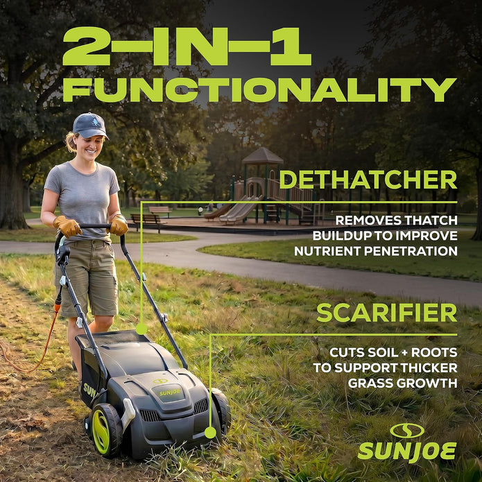 Sun Joe Electric Dethatcher  Scarifier, Corded, with 8-Gal Bag, AJ801E 12.6-Inch Cutting Width, 12-Amp Motor