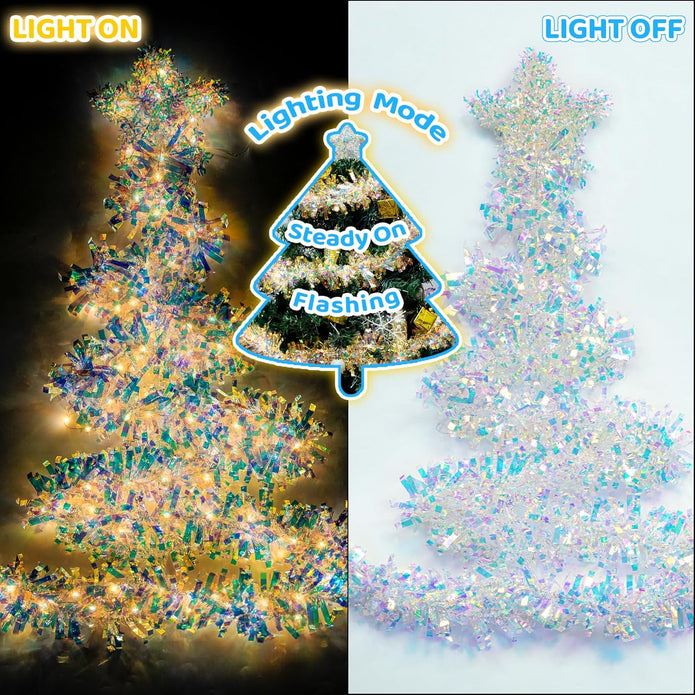 Christmas Garland with Lights, 2 Pack 6.5FT Iridescent Tinsel Garlands Battery Operated, Shiny Streamers Garland New Year Decorations