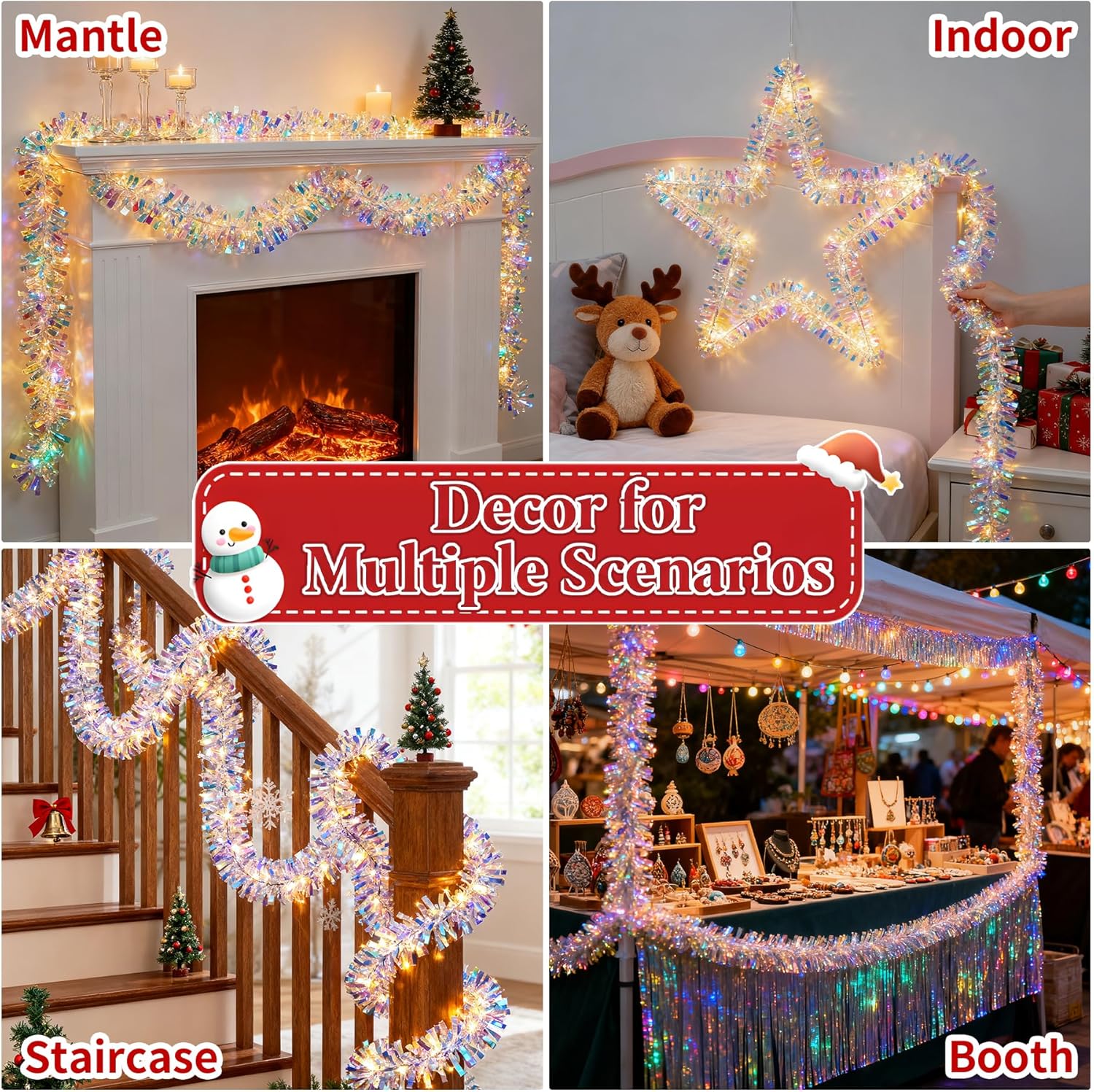 Christmas Garland with Lights, 2 Pack 6.5FT Iridescent Tinsel Garlands Battery Operated, Shiny Streamers Garland New Year Decorations