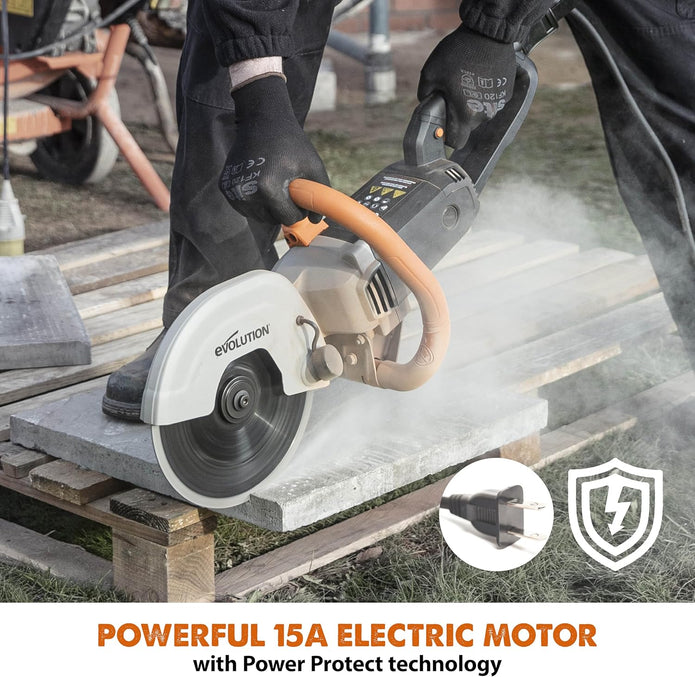 Evolution Power Tools R230DCT - 9 in Concrete Saw (Circular Saw, Angle Grinder) - 15A Motor, No Gas - Incl Diamond Masonry Blade