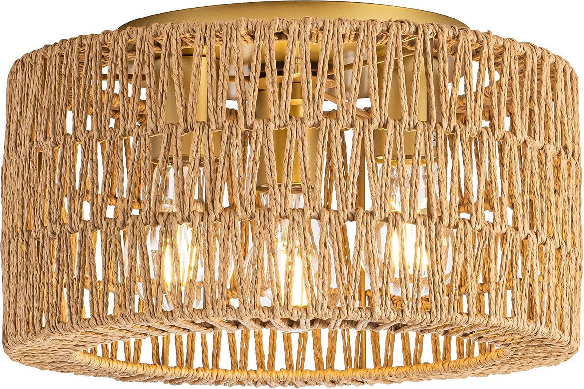 NEW/OPEN BOX 12'' Rattan Ceiling Light Fixture, 3 Light Bohemian Modern Woven gold  Ceiling Light