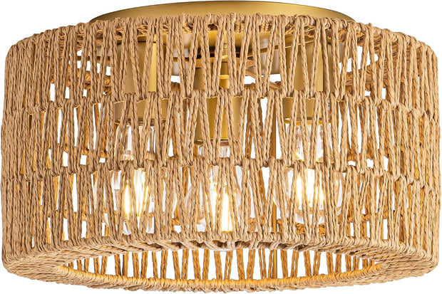 NEW/OPEN BOX 12'' Rattan Ceiling Light Fixture, 3 Light Bohemian Modern Woven gold  Ceiling Light
