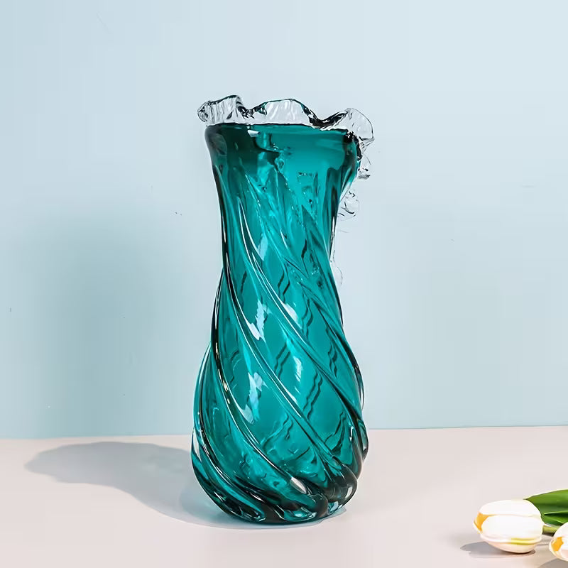 Modern Blue  Glass Vase, Wavy Lace, Home Living Room Desktop Decoration