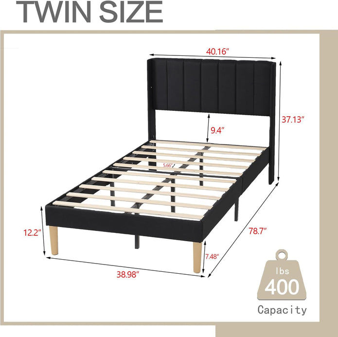 Upholstered Platform Bed Frame Twin Size with Headboard and Footboard/No Box Spring Needed/Easy Assembly,BLUE Linen