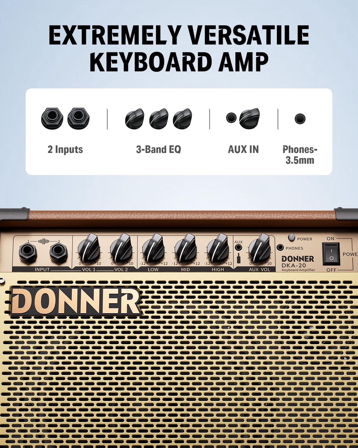 Donner DKA-20 Keyboard Amplifier 20 Watt Keyboard AMP with Aux in and Two Channels, Bass Guitar Amp, Piano Amplifier, Electronic Drum Speaker Support for Microphone Input