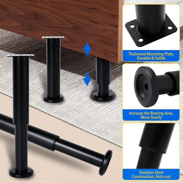 4 PCS Adjustable Height Bed Support Legs [with 18PCS Screws] for Bed Frame/Bed Center Slat, Olldag Heavy Duty Furniture Replacement Legs 7.08-12.2 inch for Sofa/Cabinet/Couch/Dresser/Table (Black)