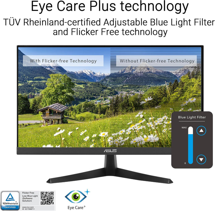 ASUS 22” (21.45 inch viewable) 1080P Eye Care Monitor (VY229HF) - Full HD, IPS, 100Hz, 1ms, SmoothMotion, Adaptive Sync, Eye Care Plus Technology, Blue Light Filter, Flicker Free