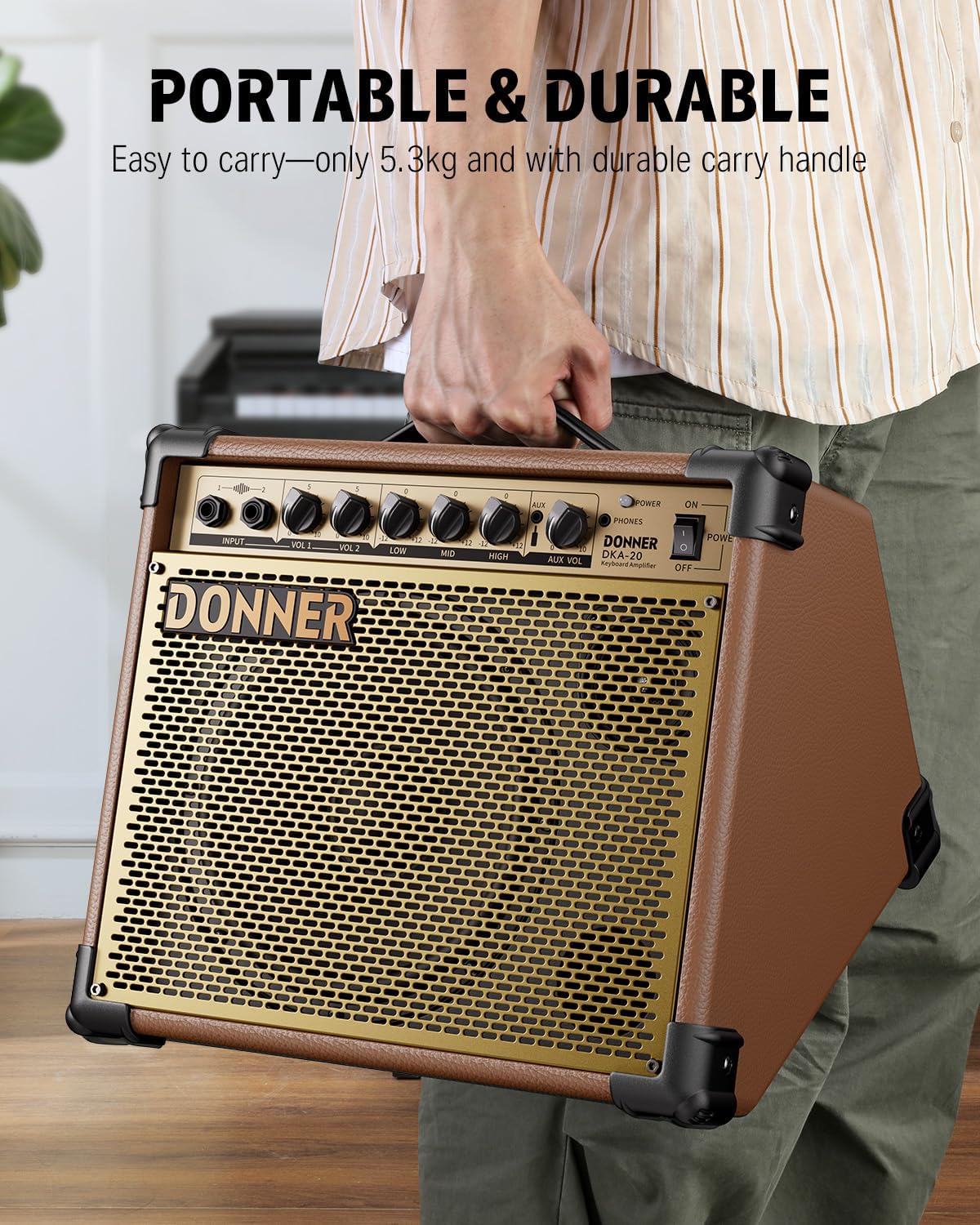 Donner DKA-20 Keyboard Amplifier 20 Watt Keyboard AMP with Aux in and Two Channels, Bass Guitar Amp, Piano Amplifier, Electronic Drum Speaker Support for Microphone Input