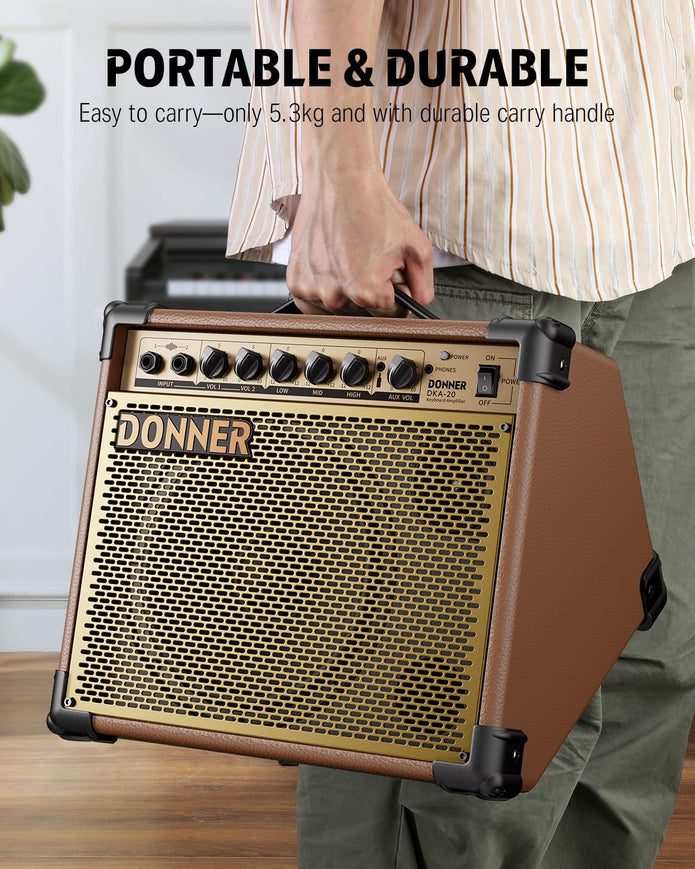 Donner DKA-20 Keyboard Amplifier 20 Watt Keyboard AMP with Aux in and Two Channels, Bass Guitar Amp, Piano Amplifier, Electronic Drum Speaker Support for Microphone Input