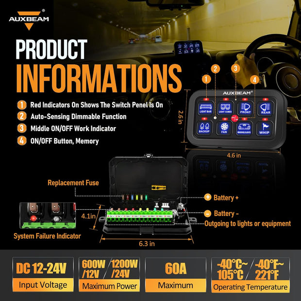 Auxbeam 8 Gang Switch Panel BA80 Automatic Dimmable LED Touch Control Panel Box Electronic Relay System Car Touch Switch Box Universal for Truck ATV UTV Boat Marine SUV Caravan