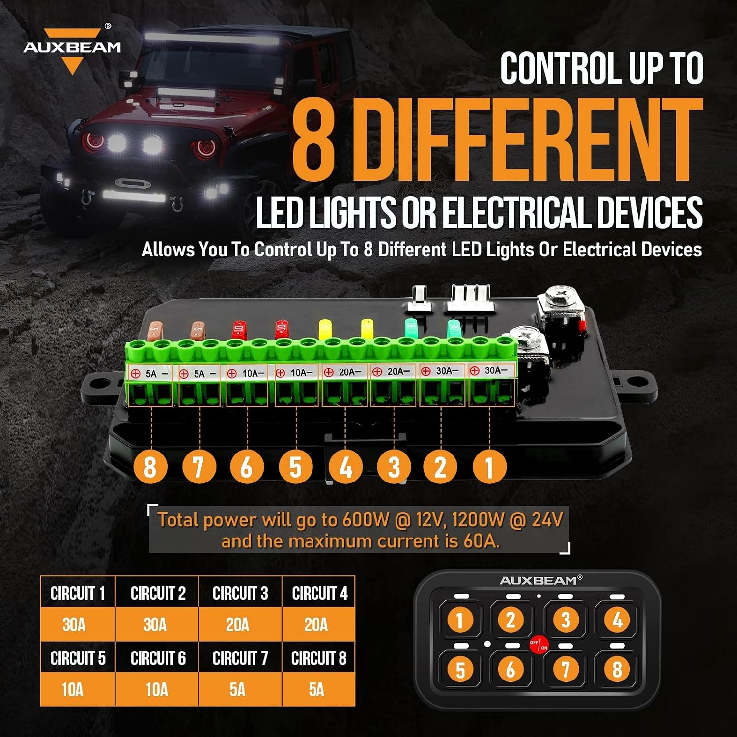 Auxbeam 8 Gang Switch Panel BA80 Automatic Dimmable LED Touch Control Panel Box Electronic Relay System Car Touch Switch Box Universal for Truck ATV UTV Boat Marine SUV Caravan