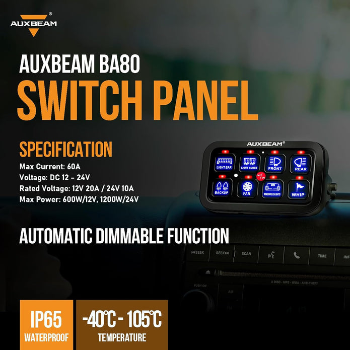 Auxbeam 8 Gang Switch Panel BA80 Automatic Dimmable LED Touch Control Panel Box Electronic Relay System Car Touch Switch Box Universal for Truck ATV UTV Boat Marine SUV Caravan