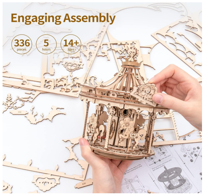 ROKR 3D Wooden Puzzle Carousel Music Box - 336pcs Spinning Merry-go-Round Musical Model Kit AMK62