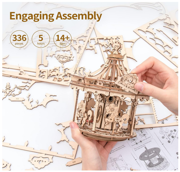 ROKR 3D Wooden Puzzle Carousel Music Box - 336pcs Spinning Merry-go-Round Musical Model Kit AMK62
