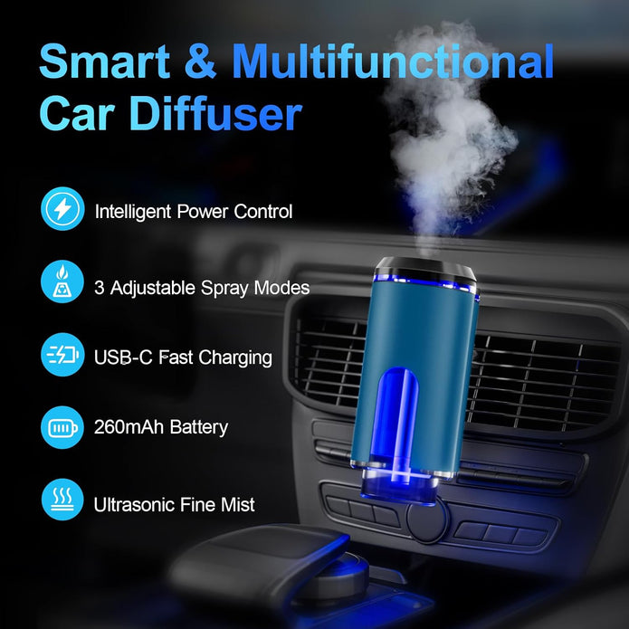 Smart Car Air Freshener Diffuser – Auto On/Off Aromatherapy Diffuse with 3 Scent Modes, USB Rechargeable, Vent Clip, Long-Lasting Essential Oil Refills