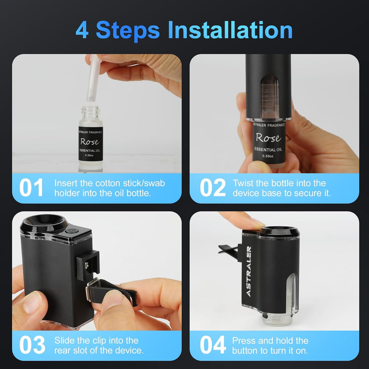 Smart Car Air Freshener Diffuser – Auto On/Off Aromatherapy Diffuse with 3 Scent Modes, USB Rechargeable, Vent Clip, Long-Lasting Essential Oil Refills