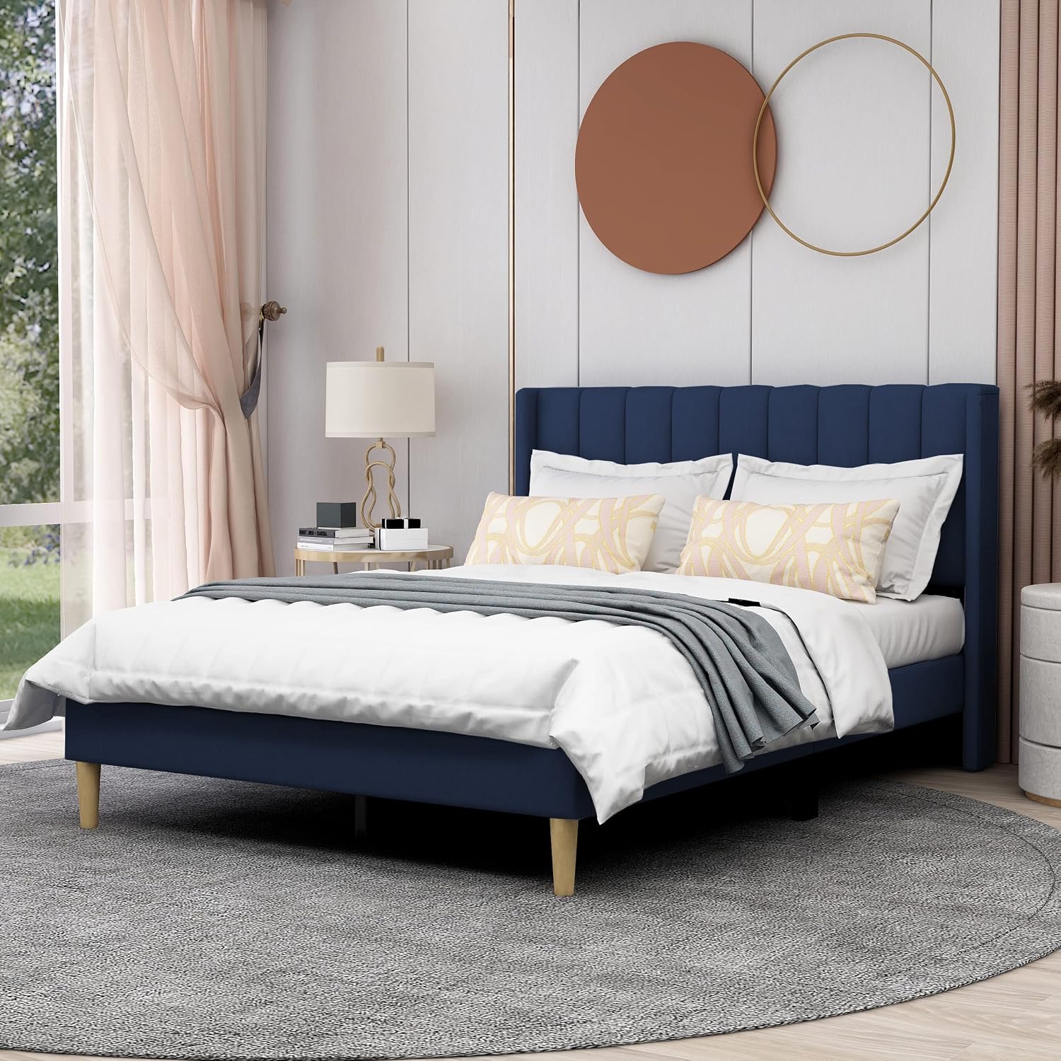 Upholstered Platform Bed Frame Twin Size with Headboard and Footboard/No Box Spring Needed/Easy Assembly,BLUE Linen