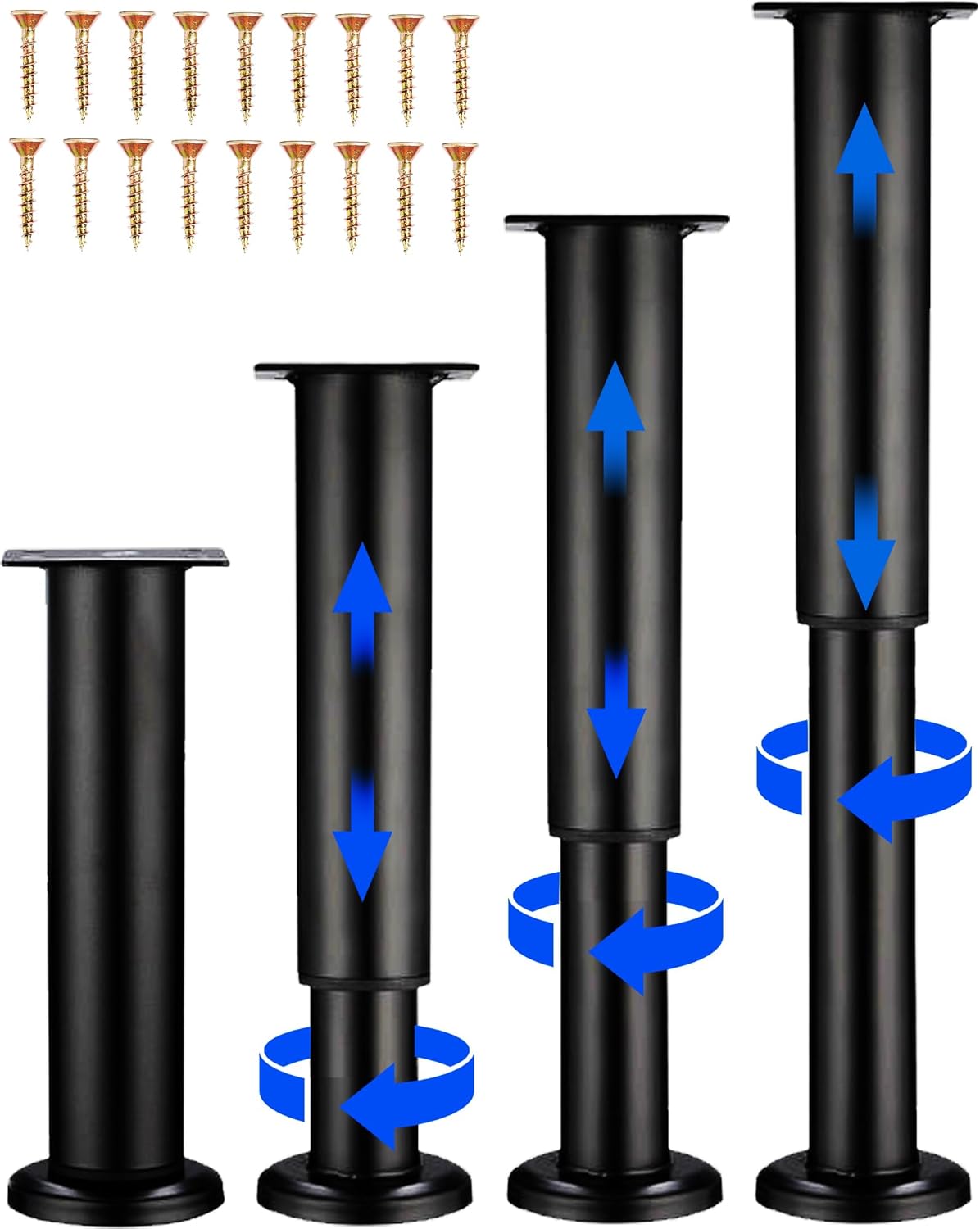 4 PCS Adjustable Height Bed Support Legs [with 18PCS Screws] for Bed Frame/Bed Center Slat, Olldag Heavy Duty Furniture Replacement Legs 7.08-12.2 inch for Sofa/Cabinet/Couch/Dresser/Table (Black)