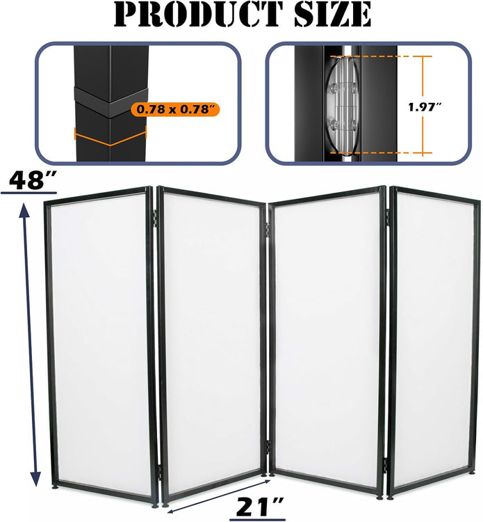 Portable DJ Facade Booth with Foldable Cover Screen, Black Steel Frame & 4 Detachable Panels, Includes White/Black Projector Display Scrims, 48