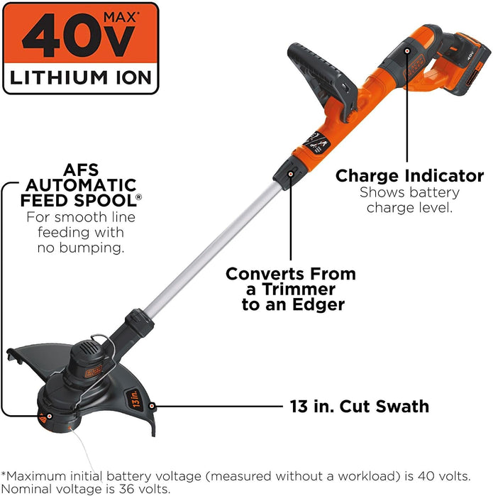 BLACK+DECKER 40V MAX String Trimmer and Edger Kit, Cordless, 13 inch, 2-in-1, Battery and Charger Included (LST140C)