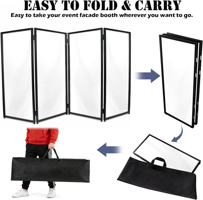 Portable DJ Facade Booth with Foldable Cover Screen, Black Steel Frame & 4 Detachable Panels, Includes White/Black Projector Display Scrims, 48
