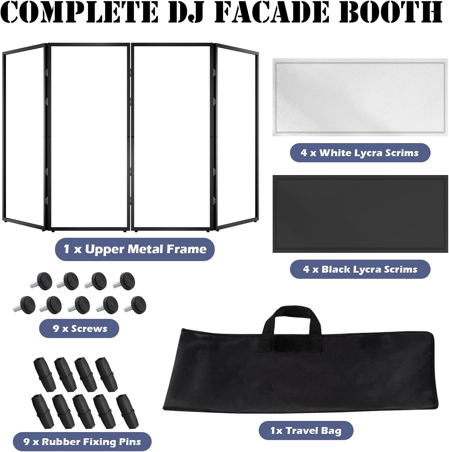 Portable DJ Facade Booth with Foldable Cover Screen, Black Steel Frame & 4 Detachable Panels, Includes White/Black Projector Display Scrims, 48