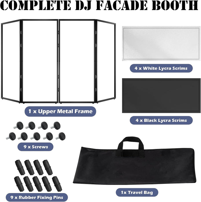 Portable DJ Facade Booth with Foldable Cover Screen, Black Steel Frame & 4 Detachable Panels, Includes White/Black Projector Display Scrims, 48