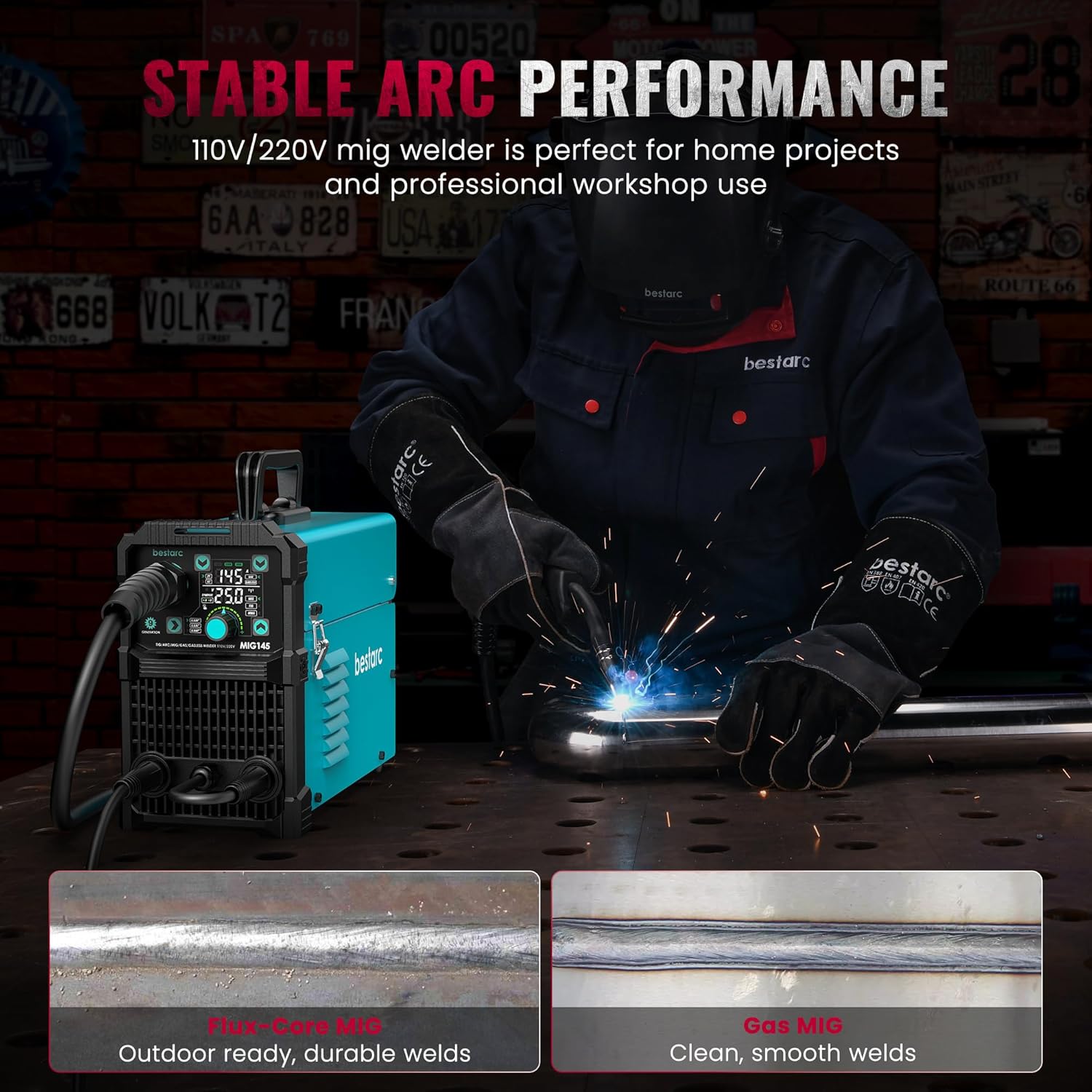 Bestarc 145Amp MIG Welder, 110V 220V Flux Core MIG/Lift TIG/Stick 4 in 1 Welder Machine