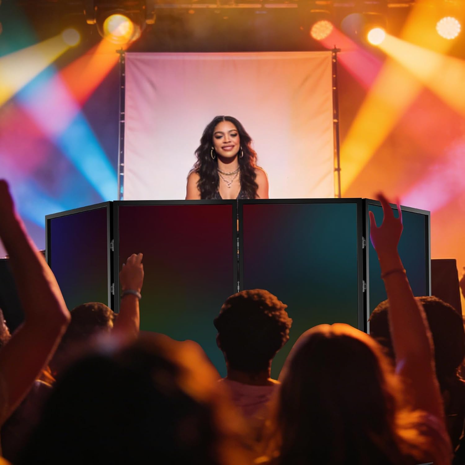 Portable DJ Facade Booth with Foldable Cover Screen, Black Steel Frame & 4 Detachable Panels, Includes White/Black Projector Display Scrims, 48