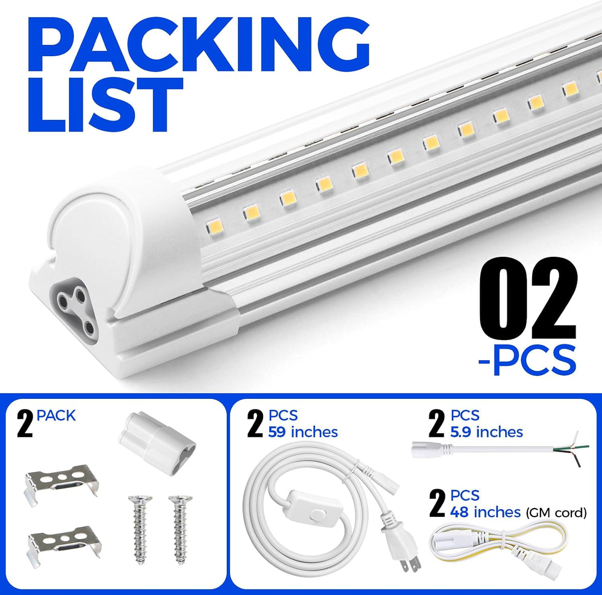 Barrina T8 LED Shop Lights 2FT, 20W 3000LM 5000K, 2 Pack, High Output Tube