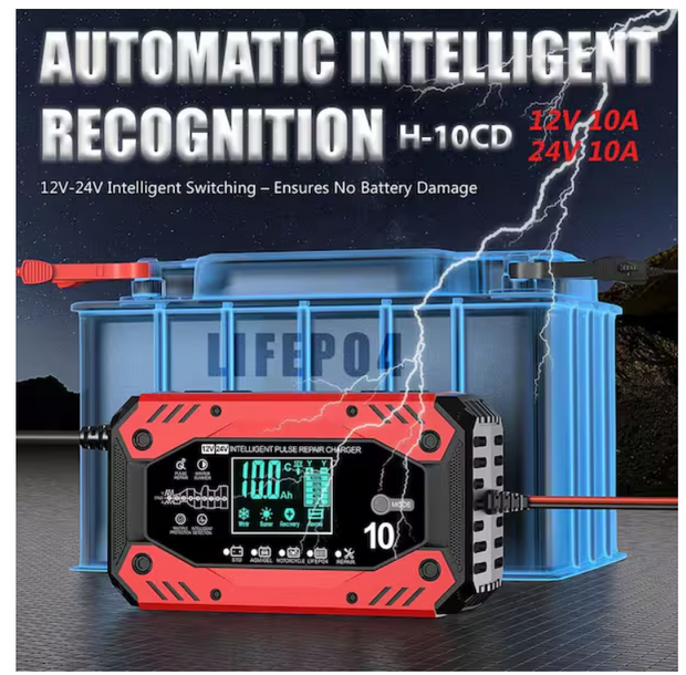 10-Amp 12V/24V Smart Trickle Charger Automotive Maintainer with LCD Display for Car Truck Motorcycle Lawn Mower