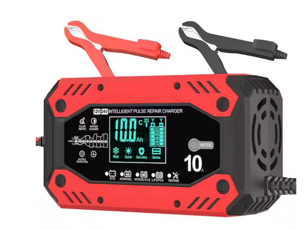 10-Amp 12V/24V Smart Trickle Charger Automotive Maintainer with LCD Display for Car Truck Motorcycle Lawn Mower