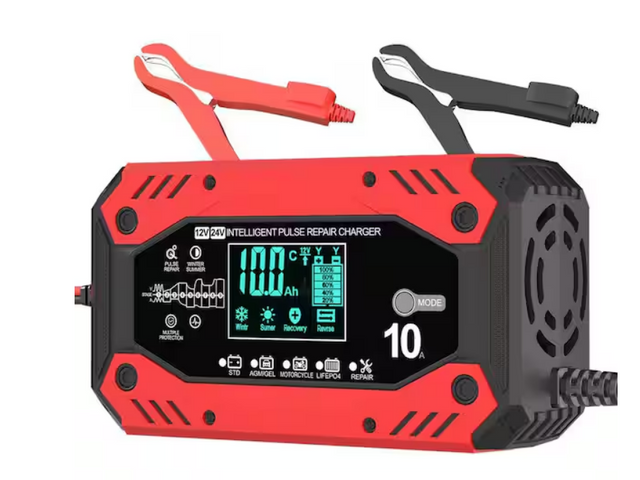 10-Amp 12V/24V Smart Trickle Charger Automotive Maintainer with LCD Display for Car Truck Motorcycle Lawn Mower