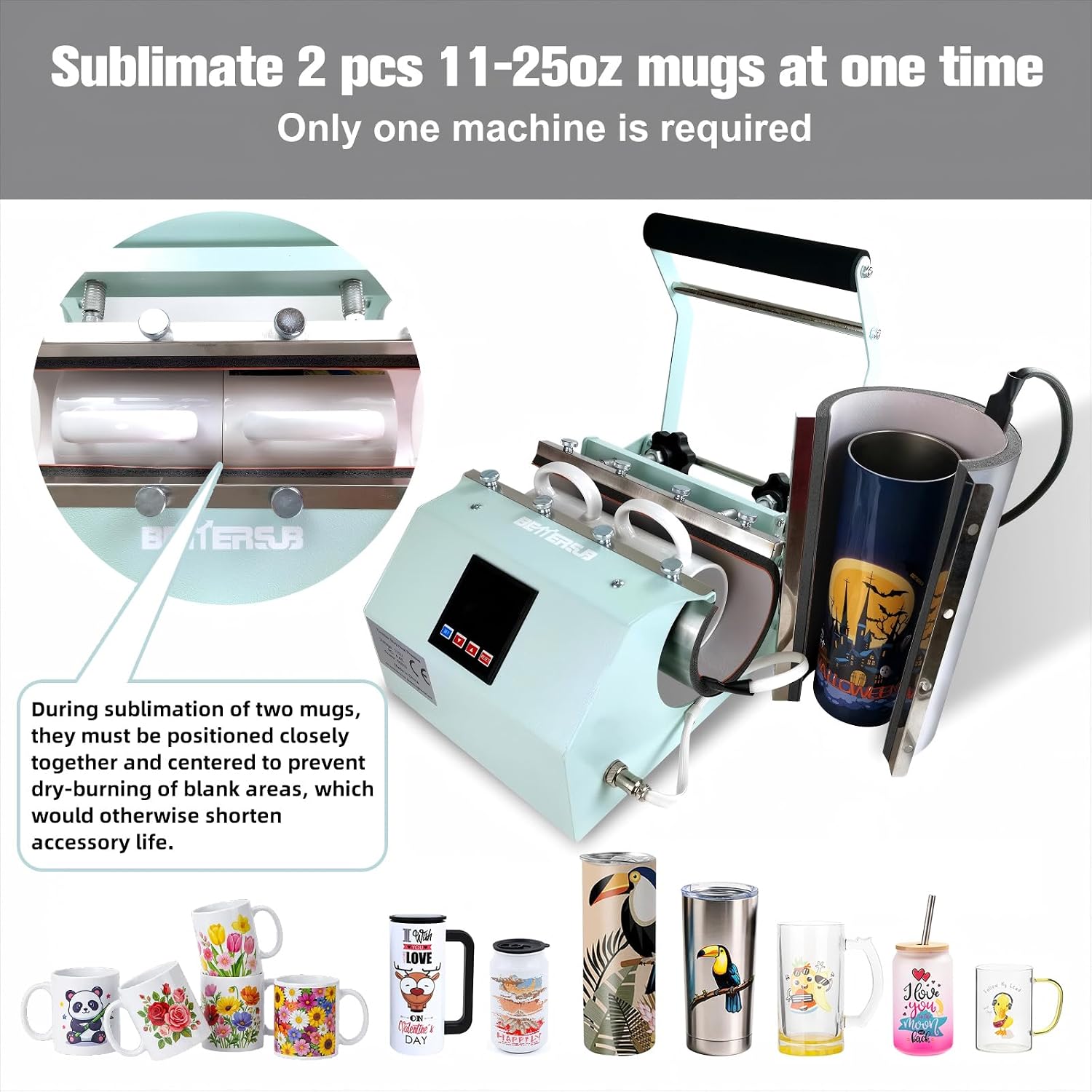 BetterSub Tumbler Mug Heat Press Machine 30 OZ 20 OZ 16 OZ Sublimation Straight Skinny Tumbler Mug Sublimation Print 11 OZ 15 OZ Sublimation Mug Heat Transfer (Teal)