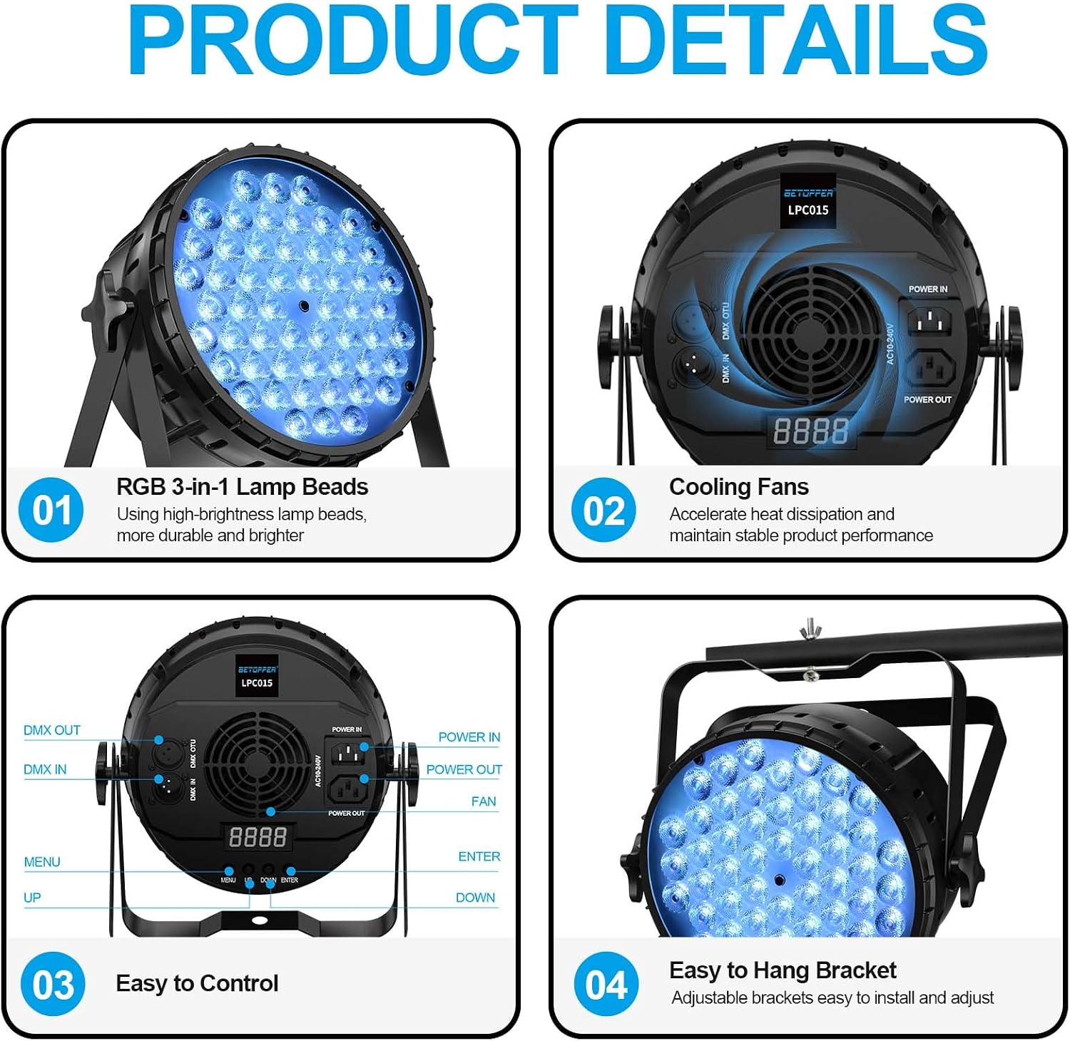 BETOPPER DJ Lights 2 Pack, 54x3W LED Par Lights, DMX Stage Lights Sound Activated, Strobe Wash Lights for Wedding, Church, Party, Club, Concert and Festival Events
