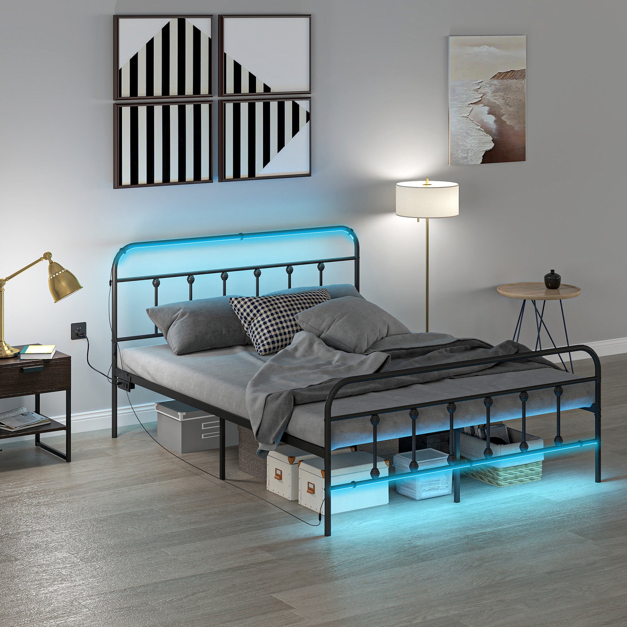 Queen Bed Frame with LED Lights and Charging Station, Metal Platform Bed Frame with Under Bed Storage, Black