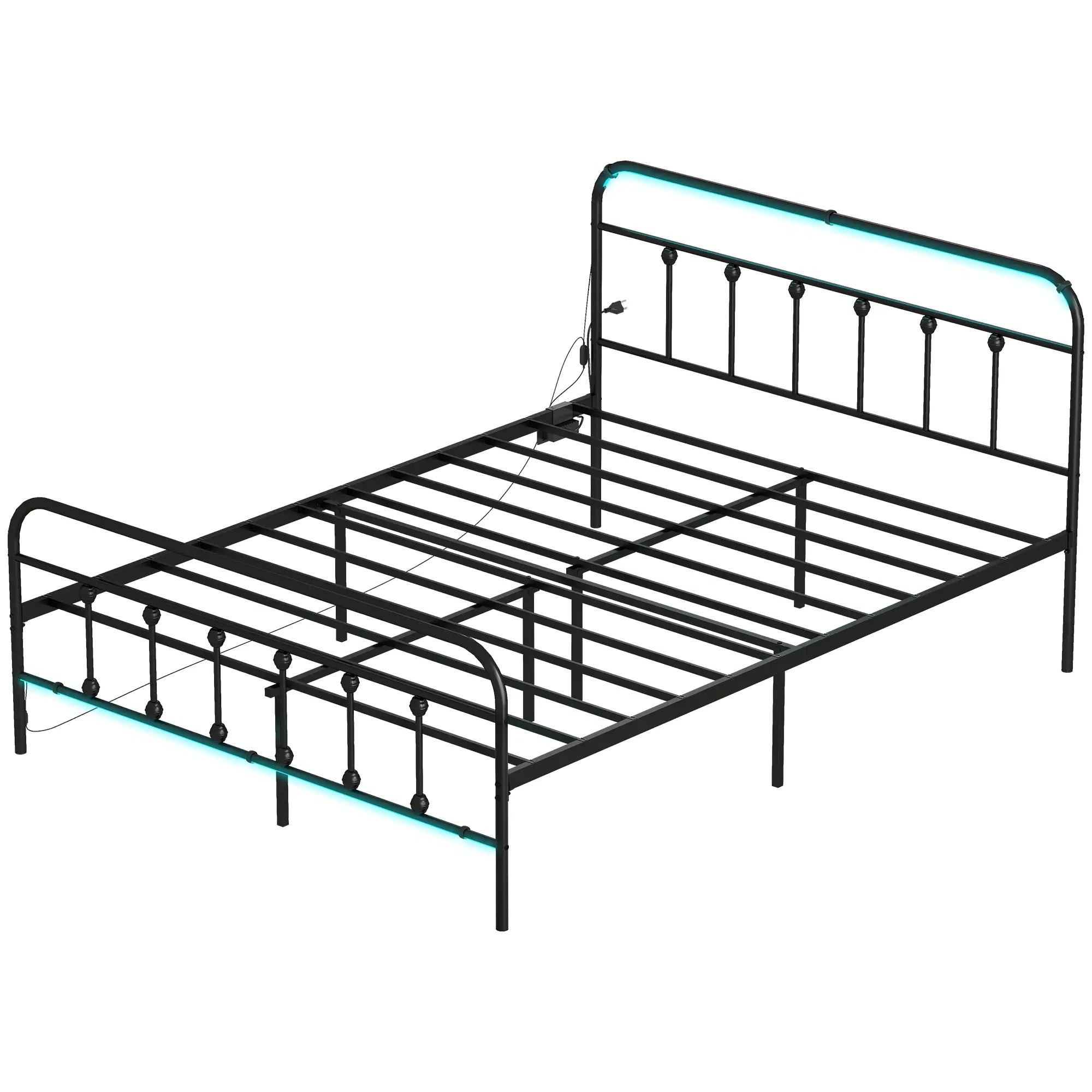 Queen Bed Frame with LED Lights and Charging Station, Metal Platform Bed Frame with Under Bed Storage, Black