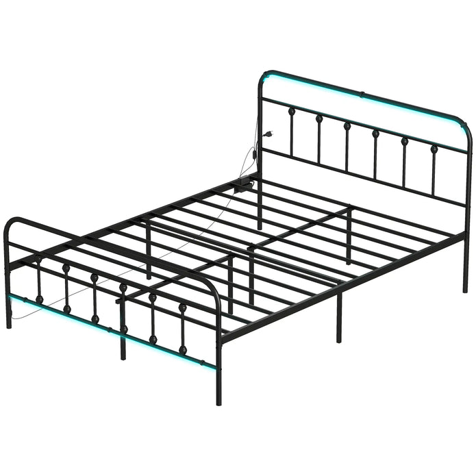 Queen Bed Frame with LED Lights and Charging Station, Metal Platform Bed Frame with Under Bed Storage, Black