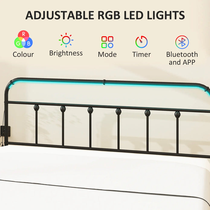 Queen Bed Frame with LED Lights and Charging Station, Metal Platform Bed Frame with Under Bed Storage, Black