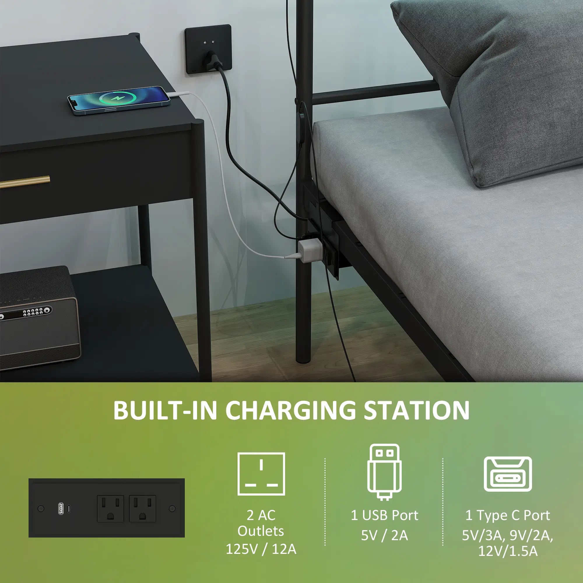 Queen Bed Frame with LED Lights and Charging Station, Metal Platform Bed Frame with Under Bed Storage, Black